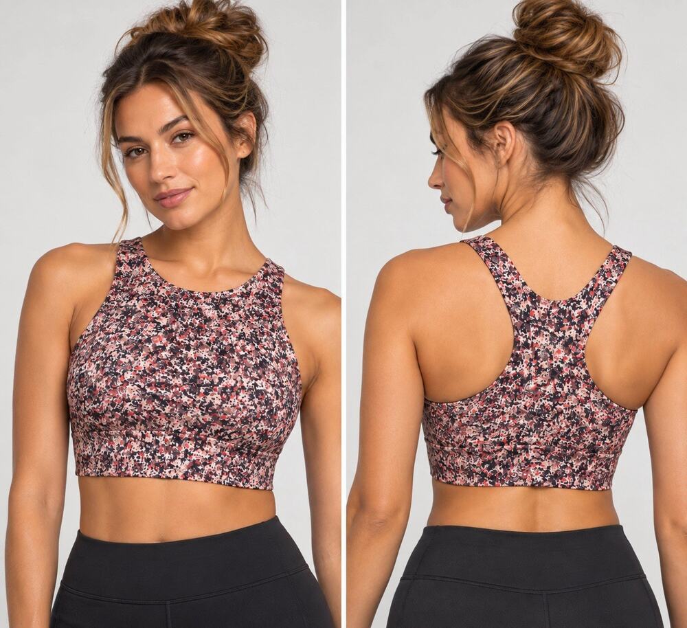 Athleta Women’s M Conscious Crop Sports Bra Pink Black Abstract Racerback
